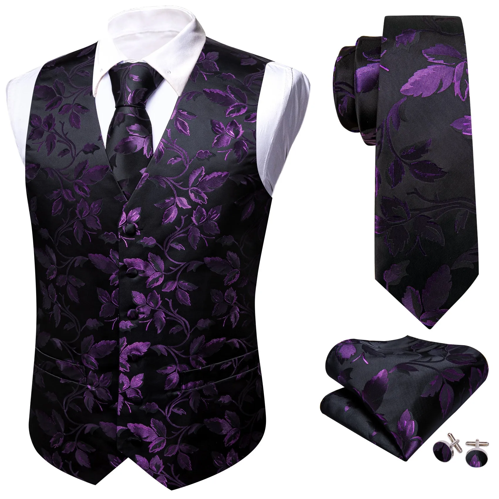 Purple Black Floral Leaf Silk Men's Vest Hanky Cufflinks Tie Set