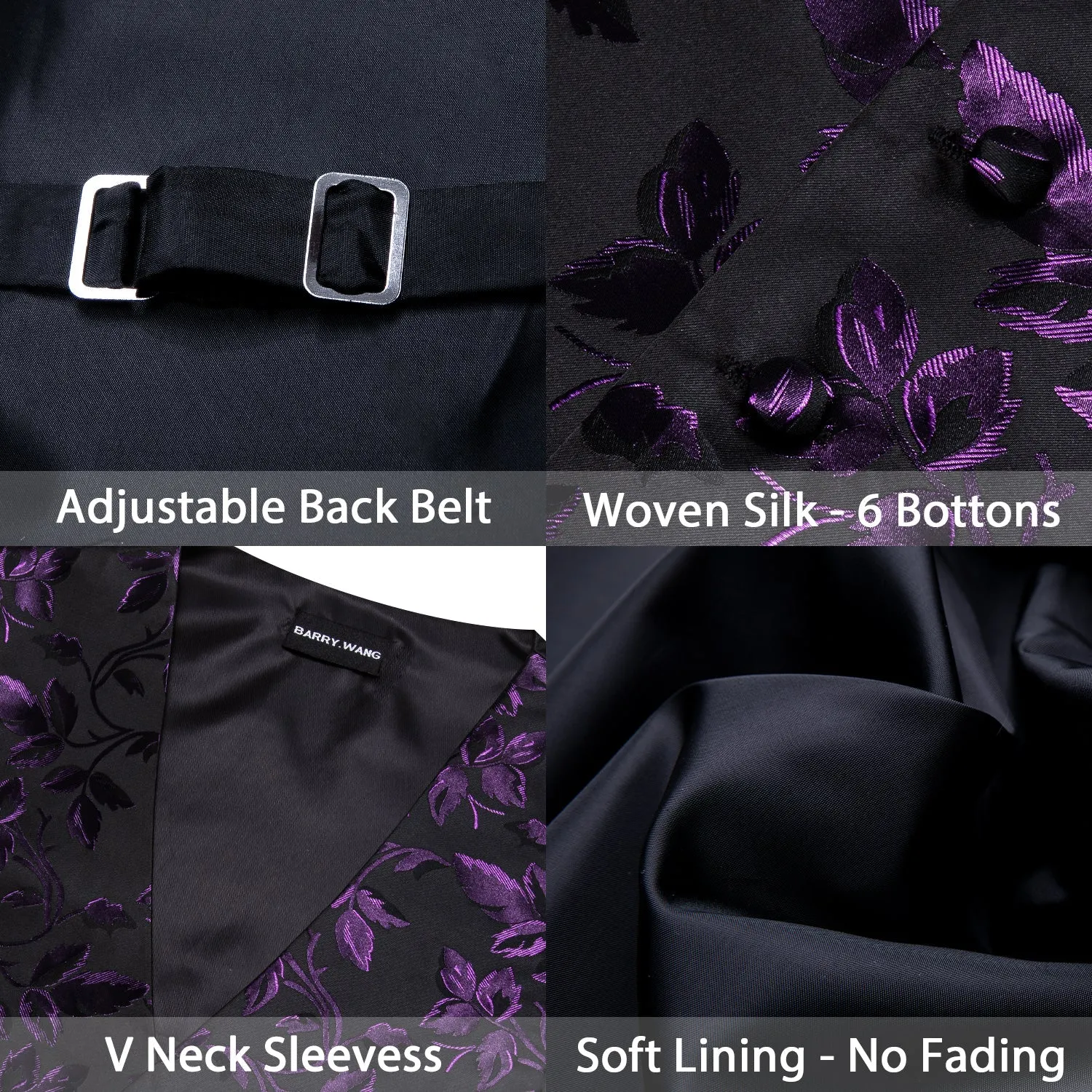 Purple Black Floral Leaf Silk Men's Vest Hanky Cufflinks Tie Set