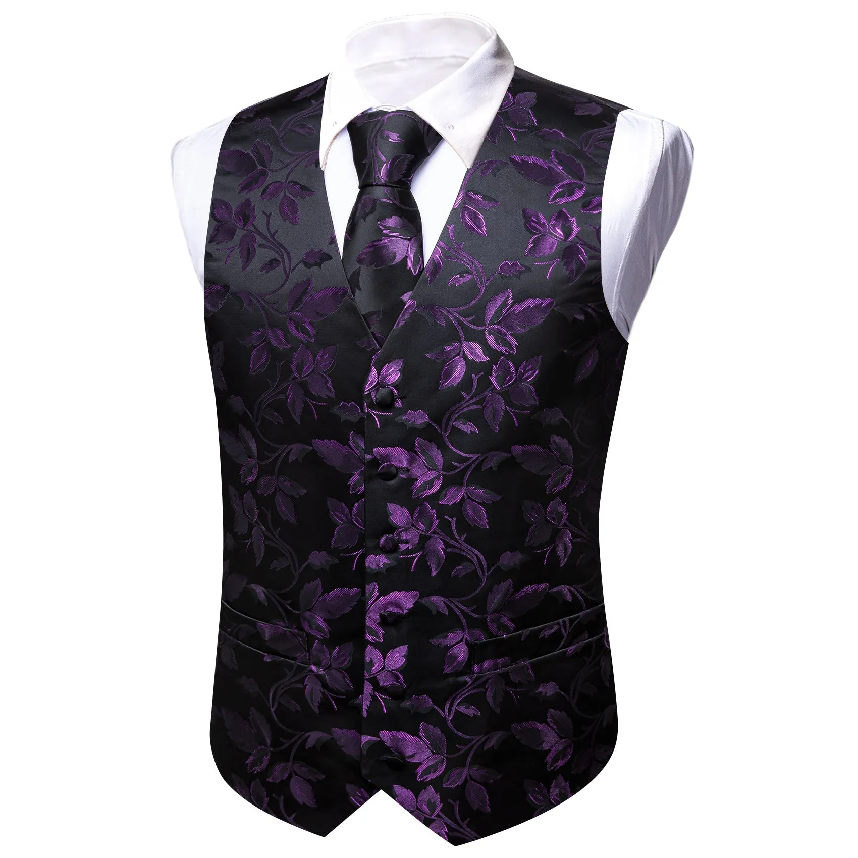 Purple Black Floral Leaf Silk Men's Vest Hanky Cufflinks Tie Set