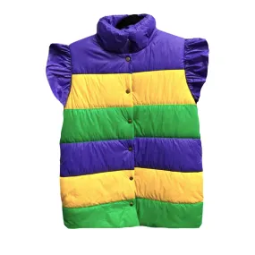 Purple, Green, and Gold Stripe Mardi Gras Puffer Vest with Ruffle Sleeve (Each)