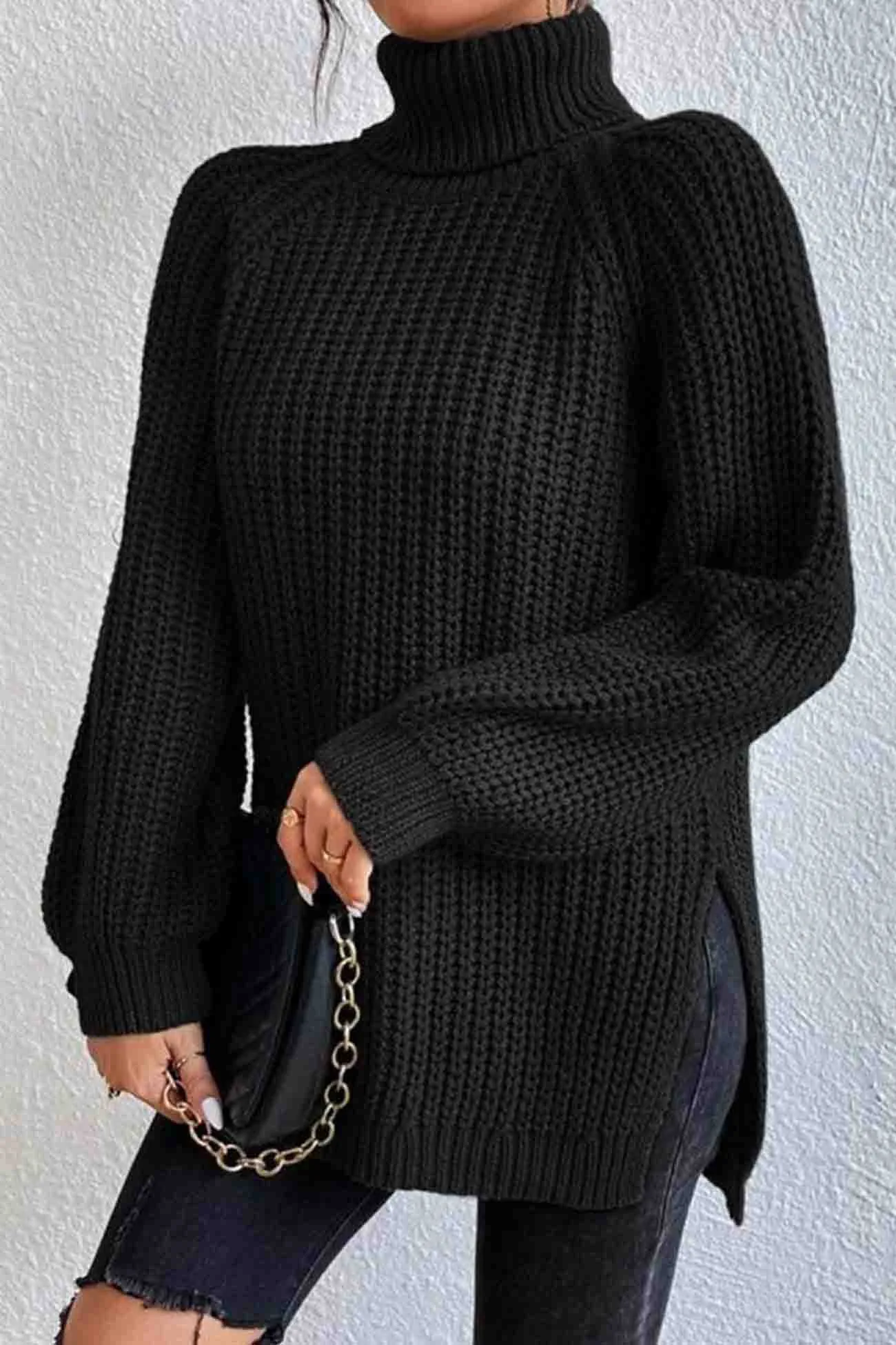 Raglan Sleeve Turtleneck Slit Mid-Length Sweater