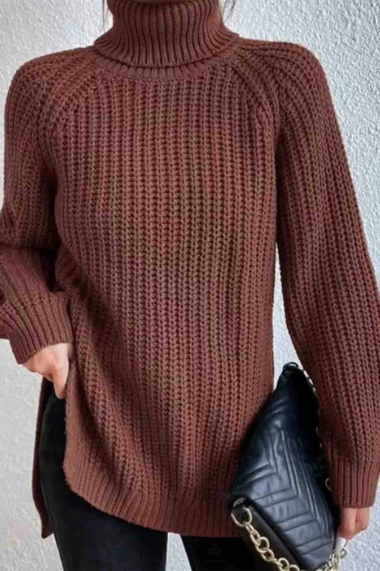 Raglan Sleeve Turtleneck Slit Mid-Length Sweater