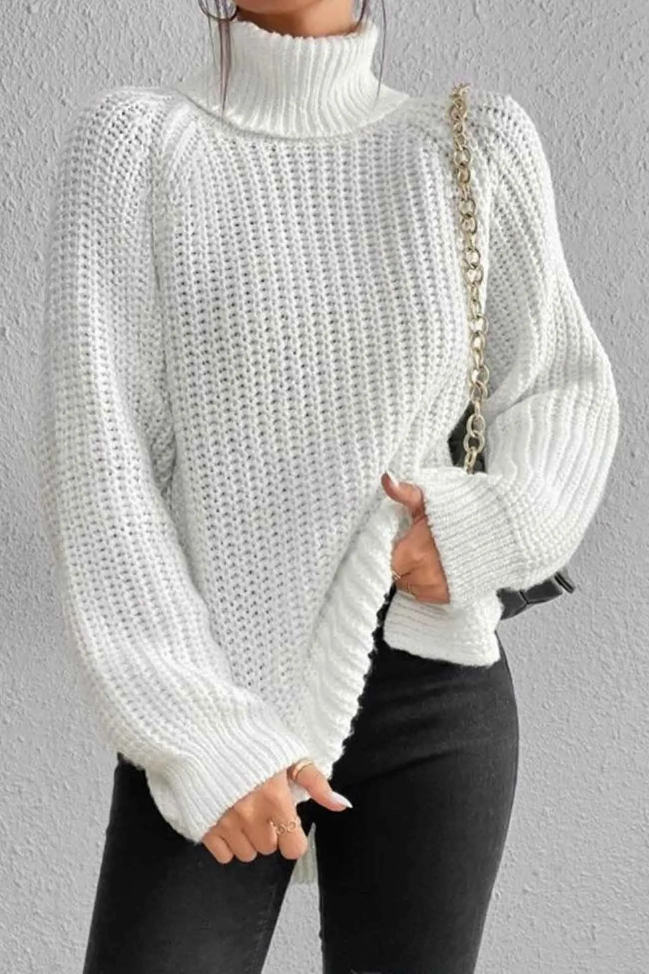 Raglan Sleeve Turtleneck Slit Mid-Length Sweater