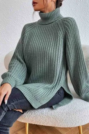 Raglan Sleeve Turtleneck Slit Mid-Length Sweater