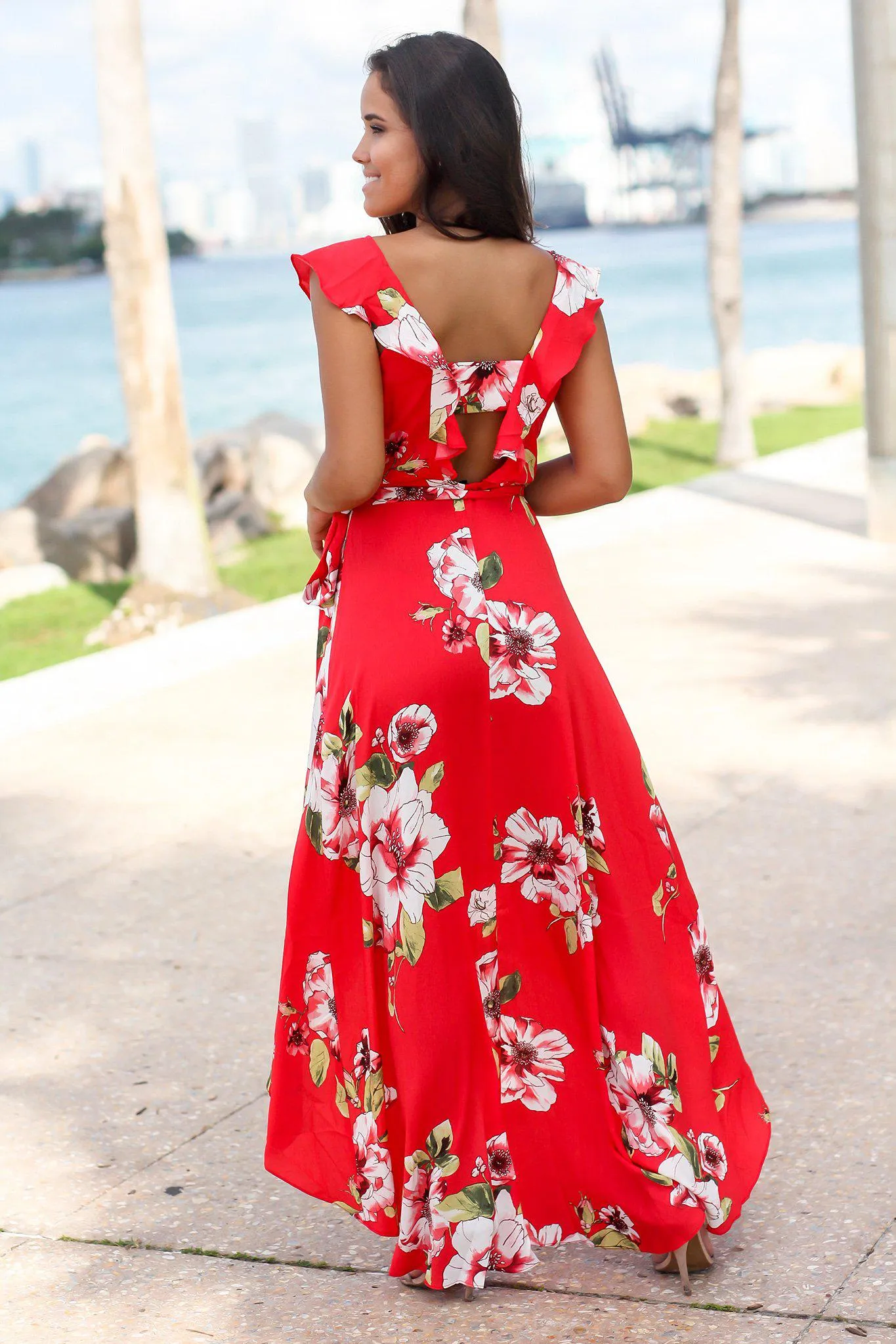 Red Floral Wrap Dress with Ruffles