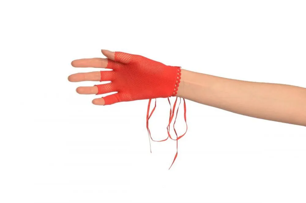 Red Lace Up Fishnet Fingerless Gloves