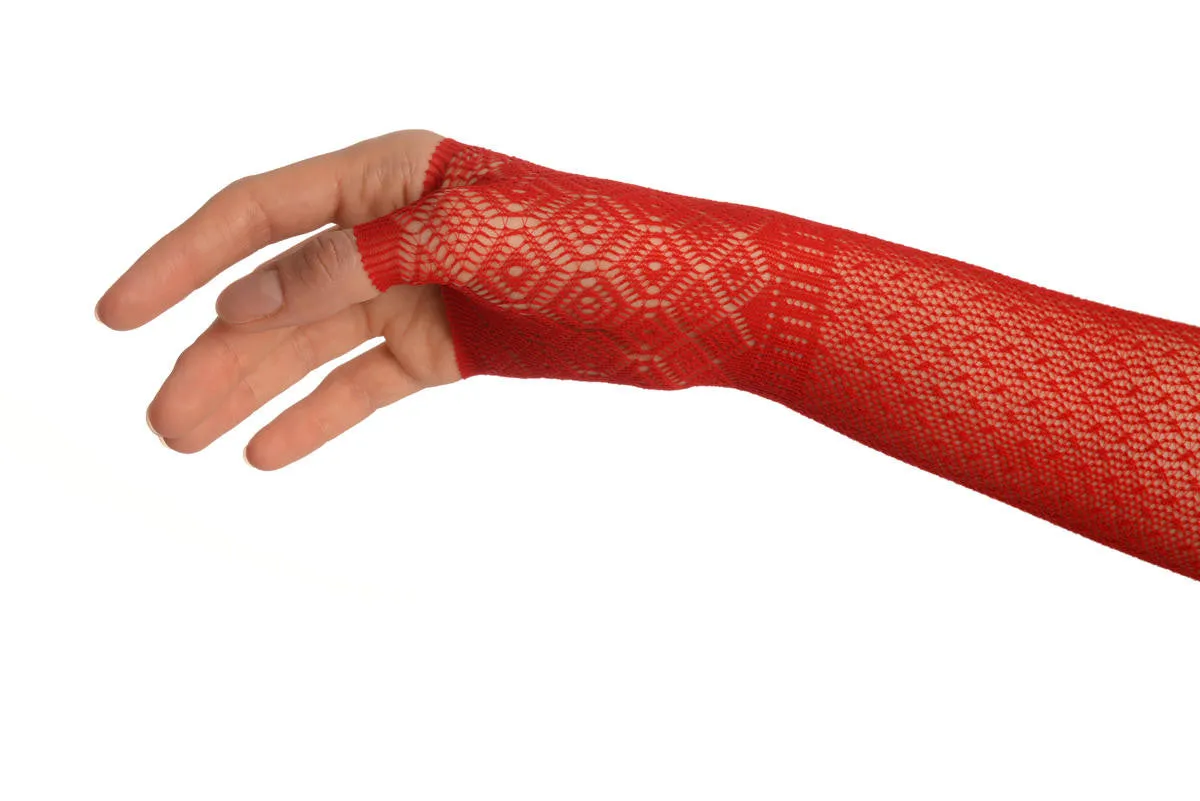 Red Stretchy Crochet Lace Fingerless Evening Gloves