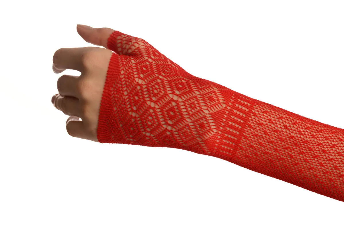 Red Stretchy Crochet Lace Fingerless Evening Gloves