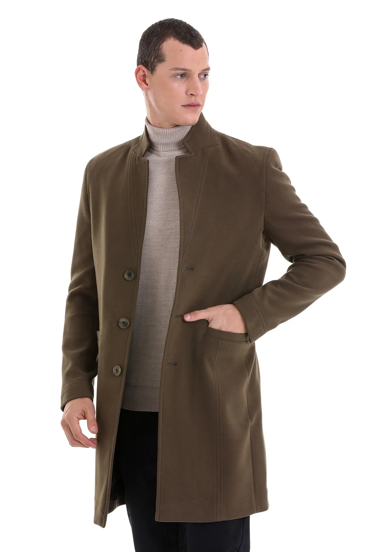 Regular Fit Cachet Notch Lapel Khaki Overcoat