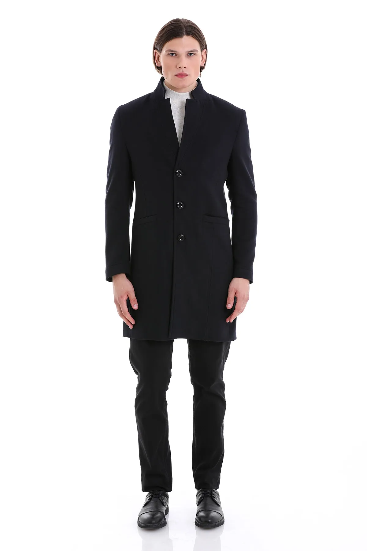 Regular Fit Cachet Notch Lapel Navy Overcoat