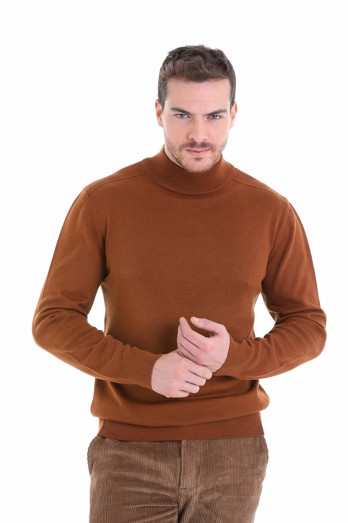 Regular Fit Copper Cotton Blend Mock Neck Sweater