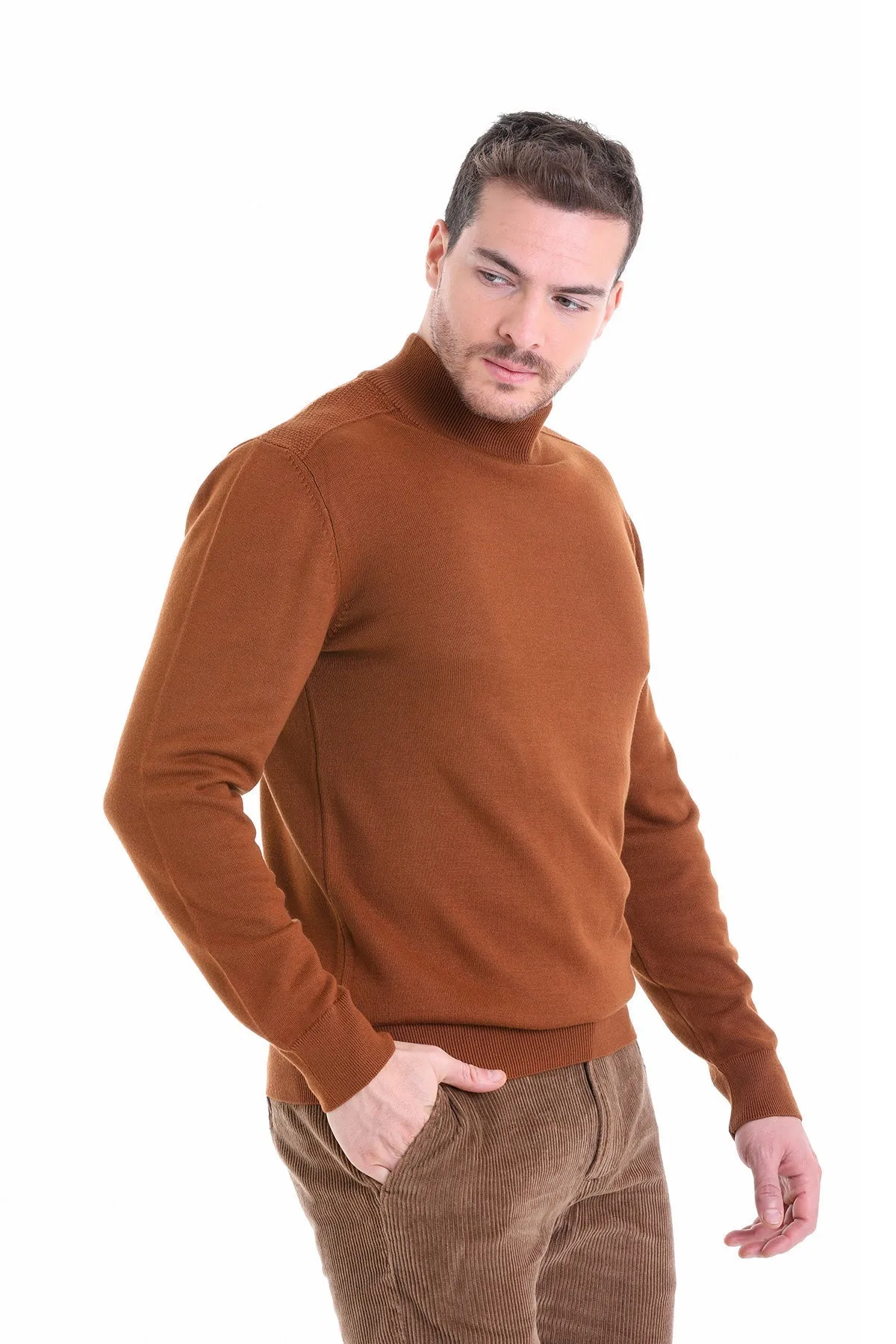 Regular Fit Copper Cotton Blend Mock Neck Sweater