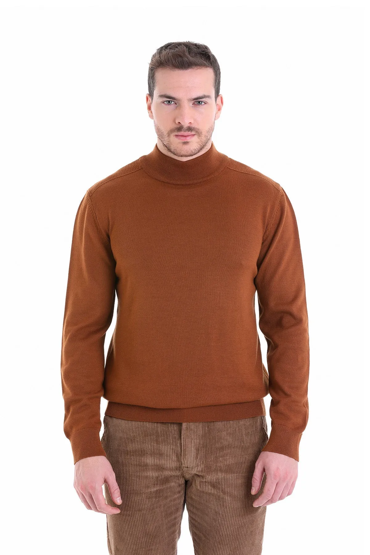 Regular Fit Copper Cotton Blend Mock Neck Sweater