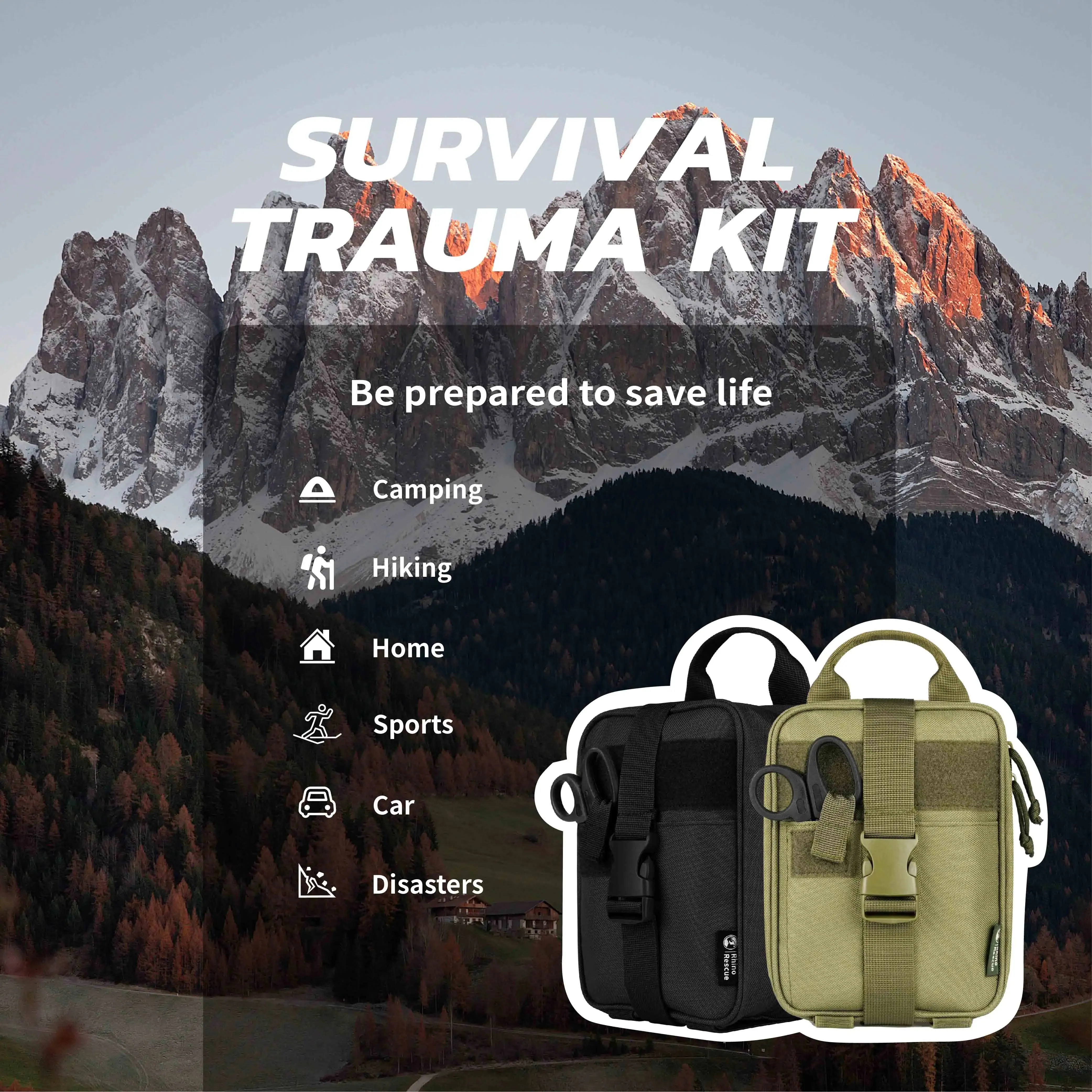 Rhino First Aid Survival Kit Tactical IFAK Pouch Supplied Camping Kit with 20 EMT Items for Military Emergency Outdoors