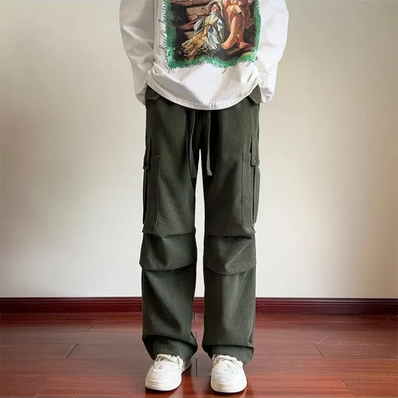 Riolio 90s fashion men Corduroy Overalls Men's Spring New Loose Straight Pants Trendy All-Match Wide-Leg Sports Casual Trousers