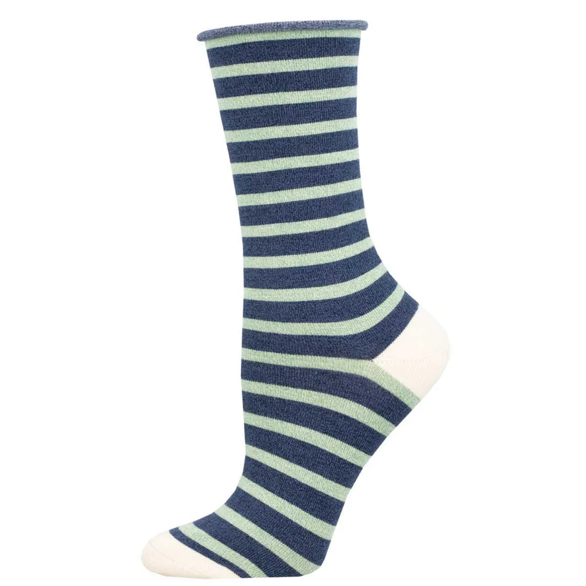 Roll Top Sailor Stripe (Navy/Mint) Bamboo Women's Crew Socks