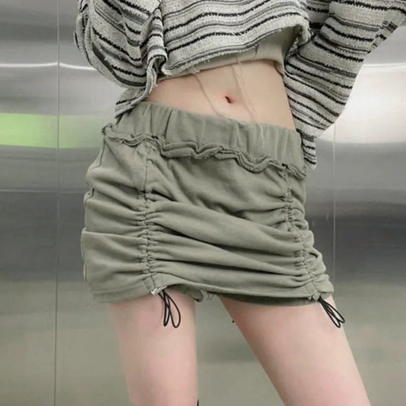 Ruched pleated pig nose drawstring tight hip skirt chic kawaii shorts skirt combo sweatpants