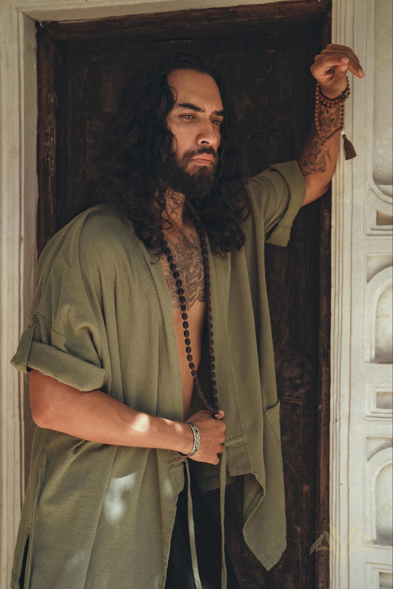 Sage Green Tribal Kimono Robe for Men