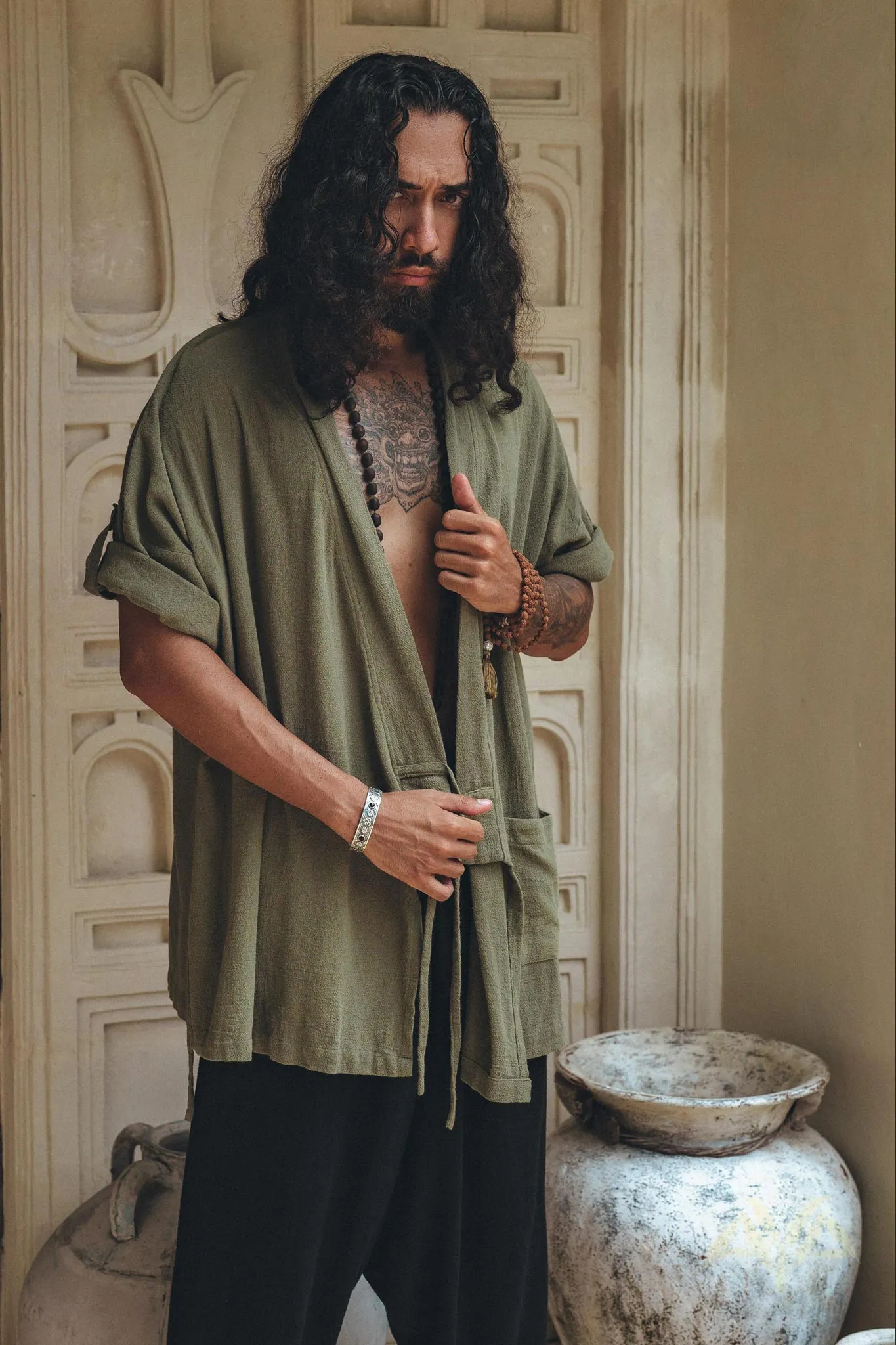 Sage Green Tribal Kimono Robe for Men