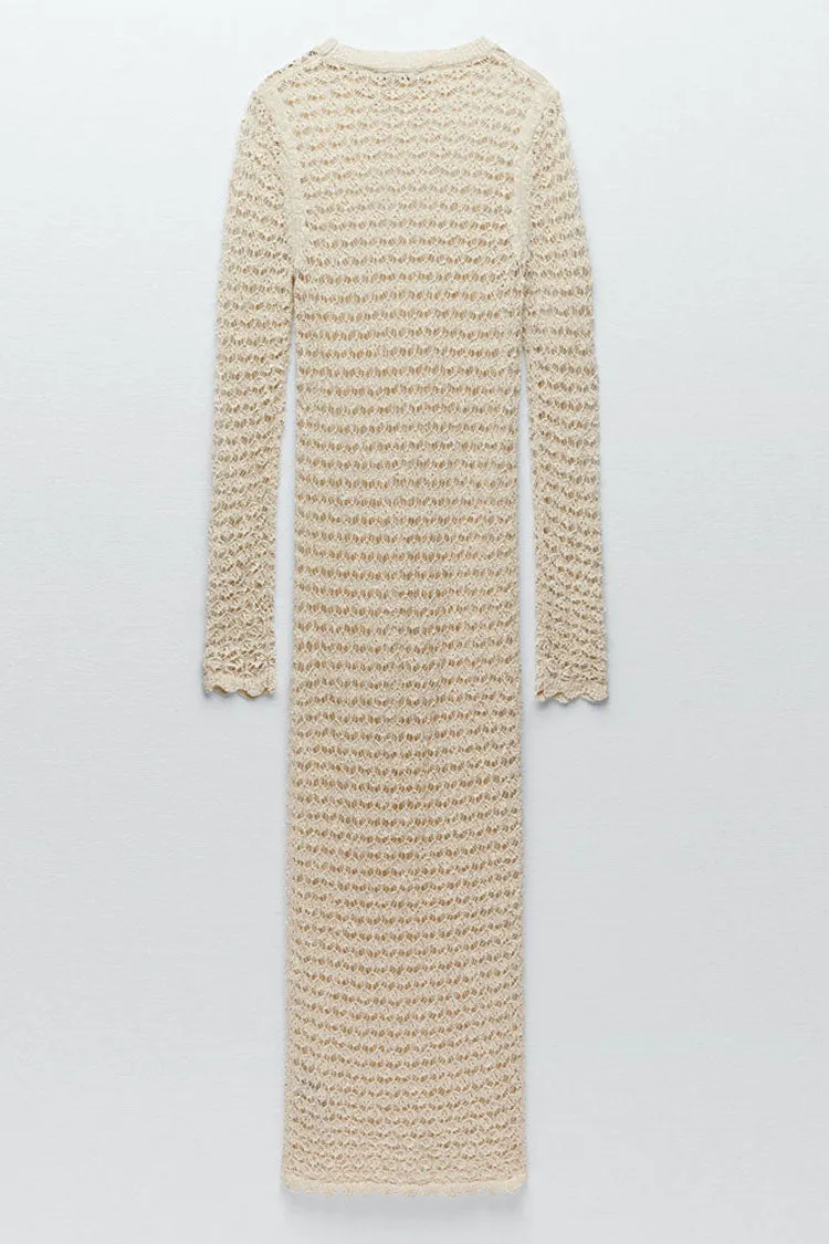 Scalloped Long Sleeve Crochet Knit High Neck Cover Up Dress