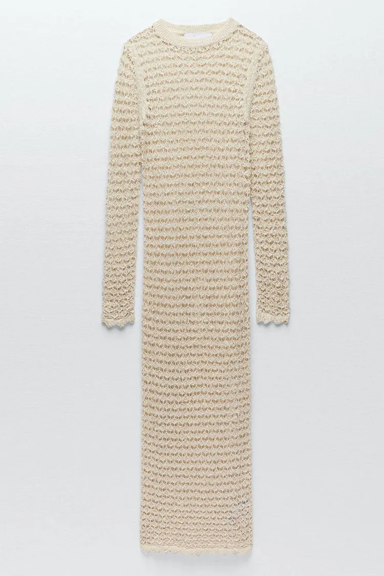 Scalloped Long Sleeve Crochet Knit High Neck Cover Up Dress