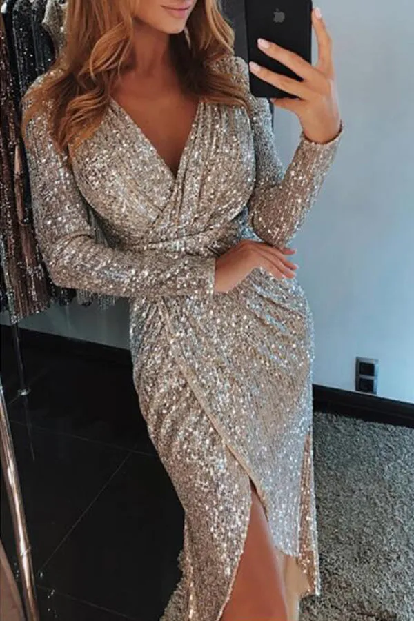 Sequins V-neck Slit Wrap Dress