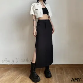 Sexy Goth Dark Waist Black Cargo Y2k Gothic High Grunge Midi Skirt Split Streetwear