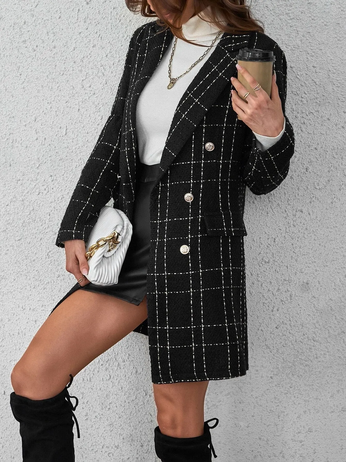 SHEIN Privé Plaid Double Breasted Overcoat,Ladies Late Fall Elegant Double Button Regular Sleeve Lapel Regular Fit Black Plaid Women Overcoats