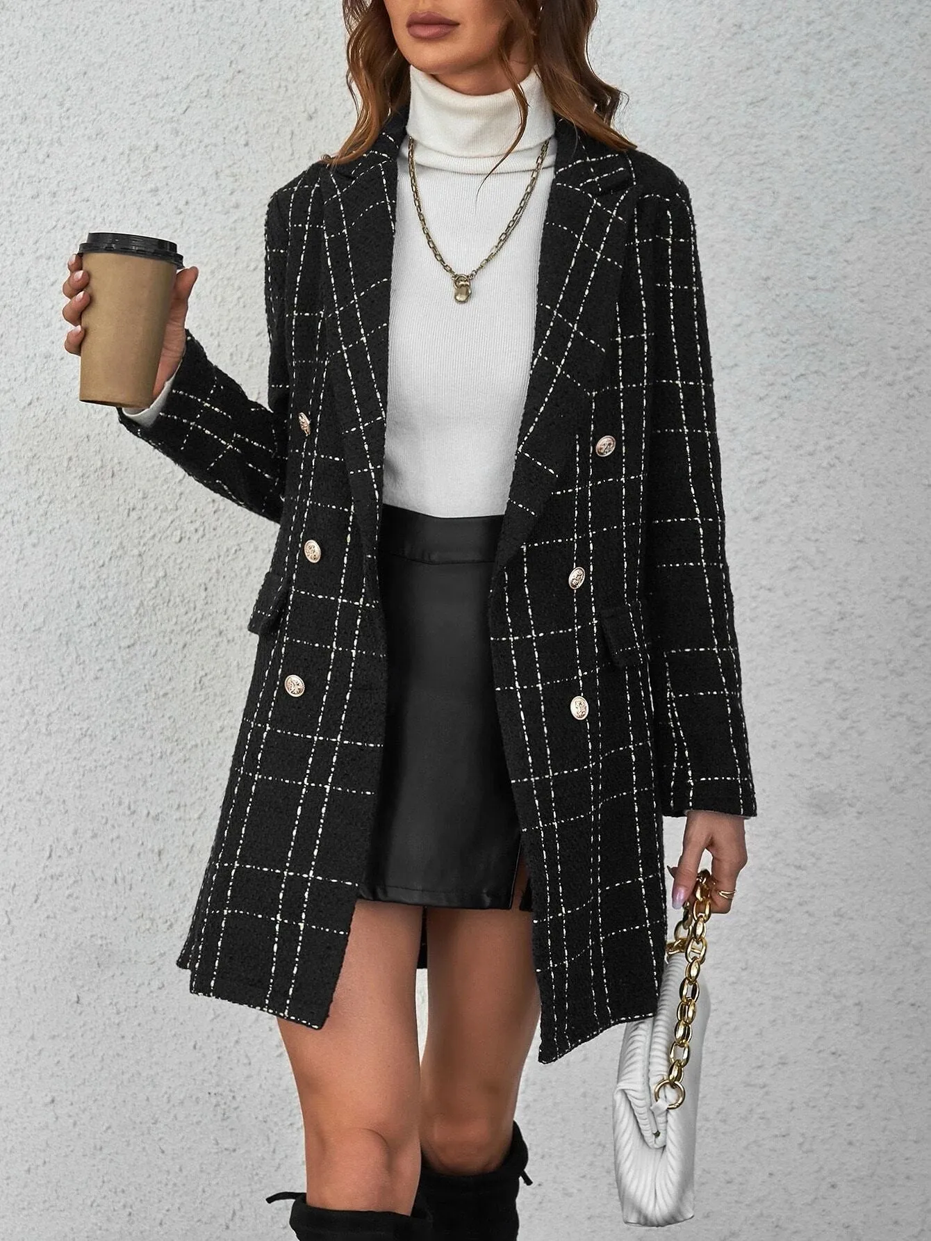 SHEIN Privé Plaid Double Breasted Overcoat,Ladies Late Fall Elegant Double Button Regular Sleeve Lapel Regular Fit Black Plaid Women Overcoats