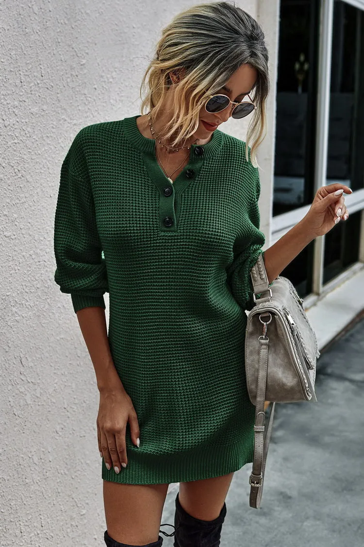 Solid Color Button Knit Dress