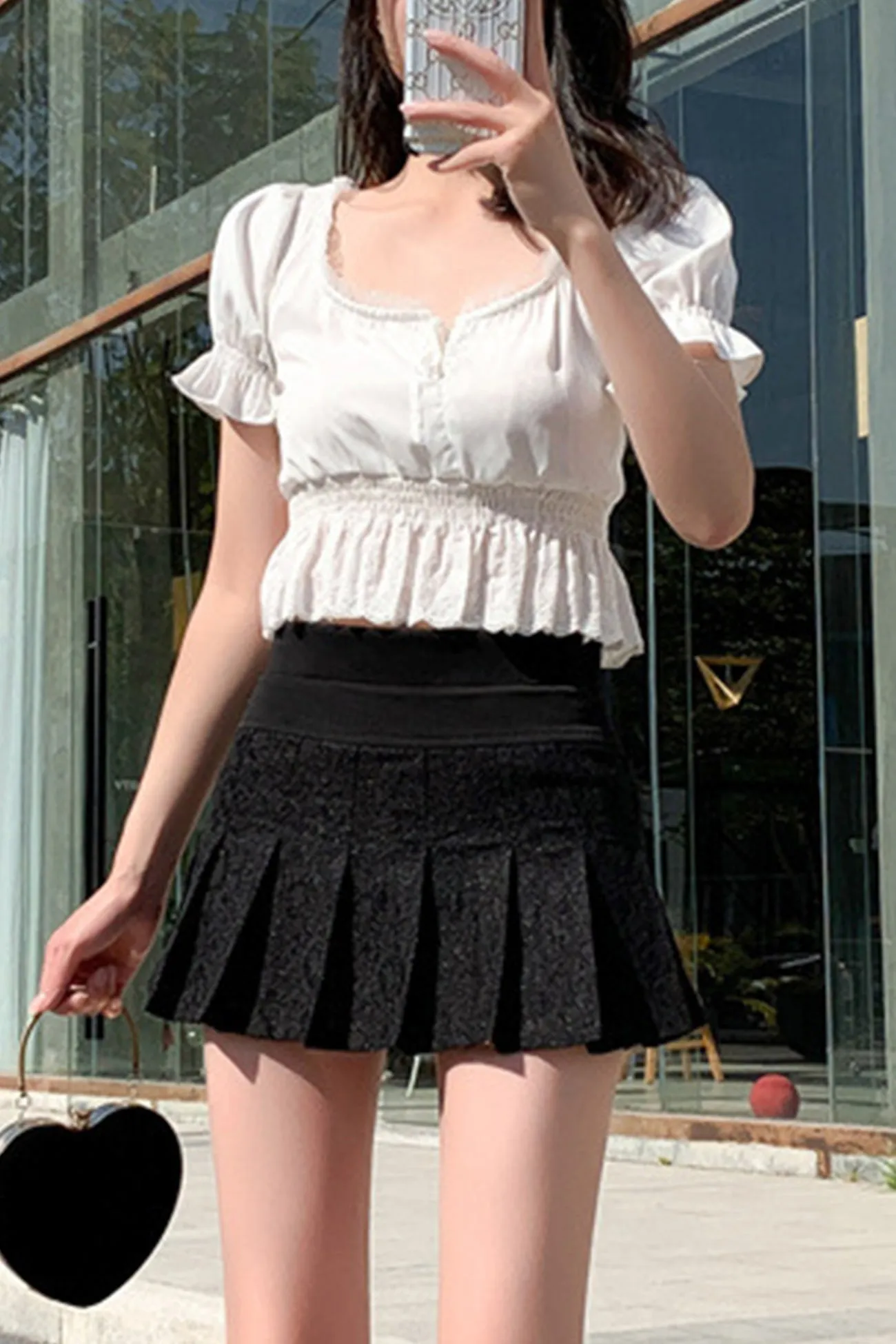 Solid Color Lace Pleated Skirt