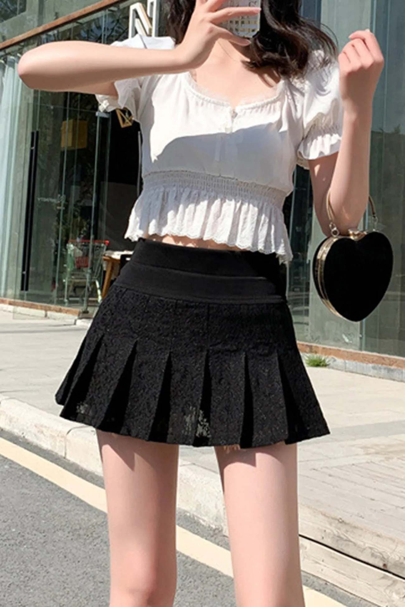 Solid Color Lace Pleated Skirt