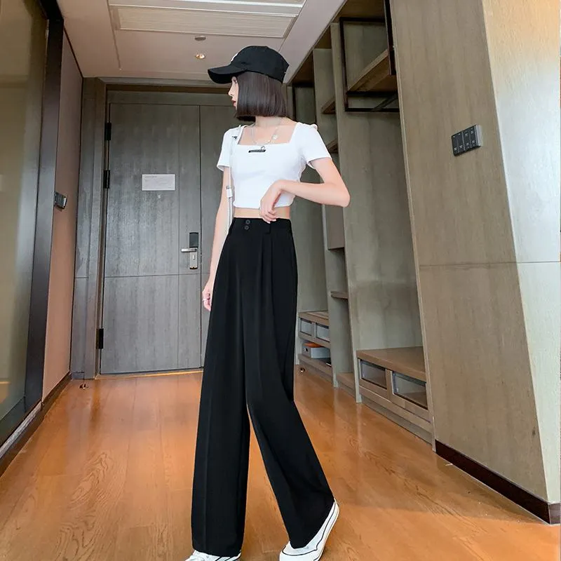 Straight Floor-Length High-Waisted Casual Loose Fit Wide-Leg Pants