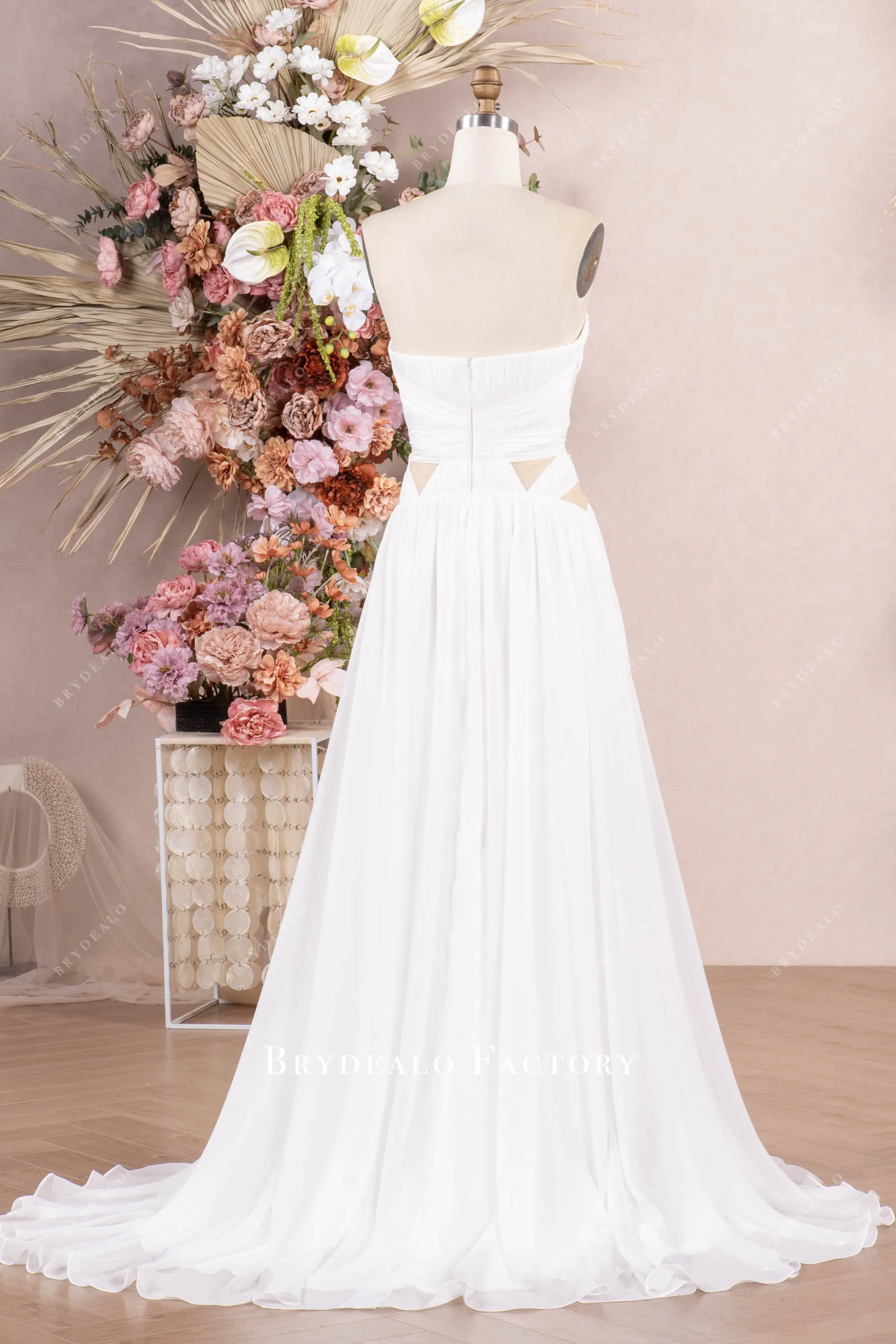 Strapless V-cut Neck Cutout Pleated Chiffon Wedding Dress