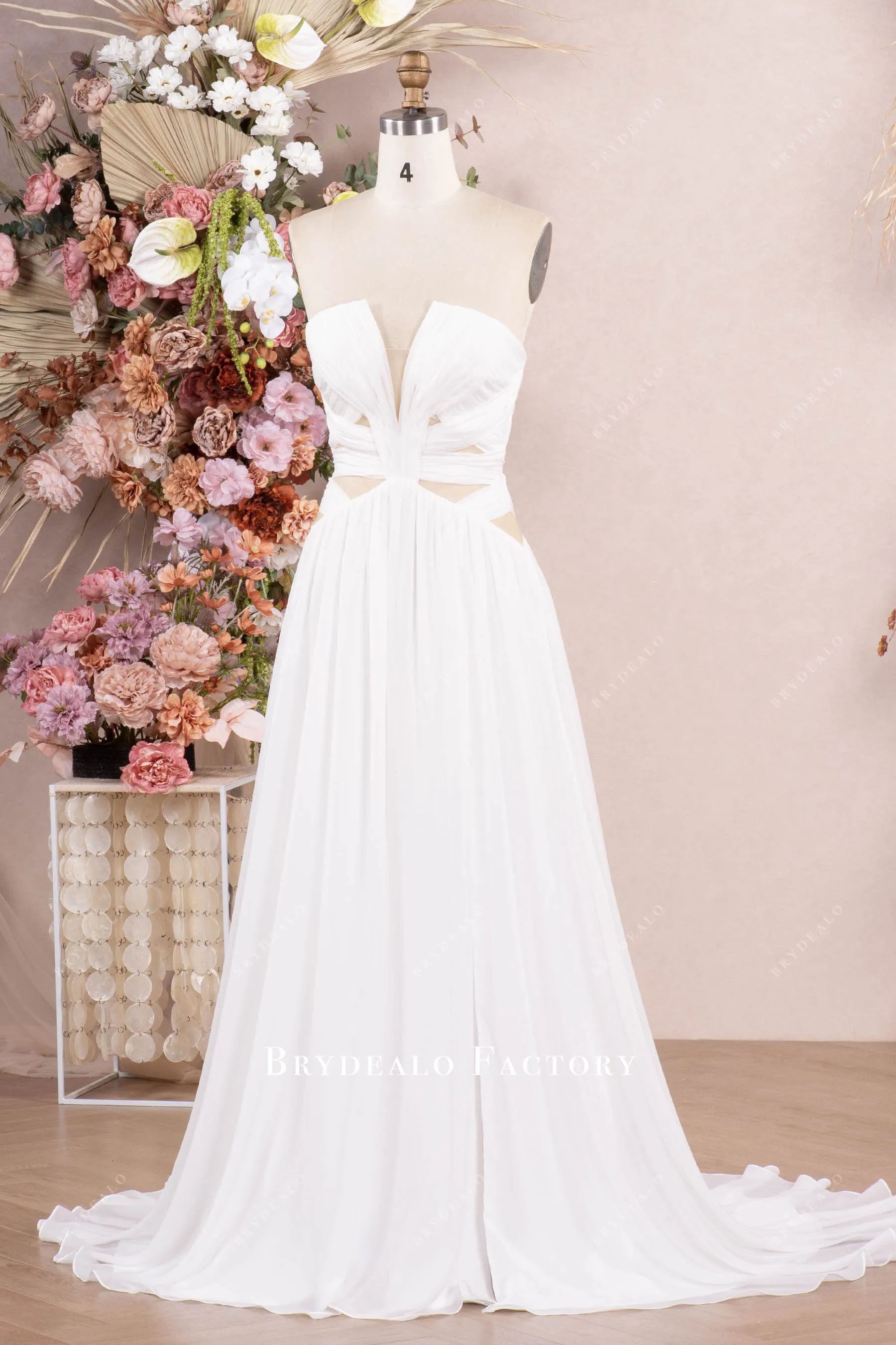 Strapless V-cut Neck Cutout Pleated Chiffon Wedding Dress