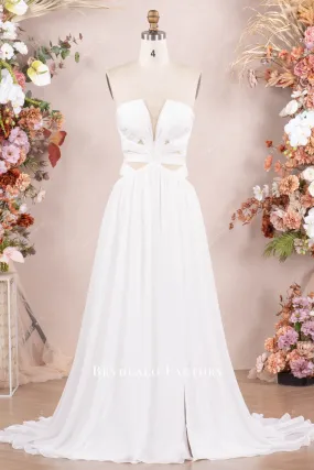 Strapless V-cut Neck Cutout Pleated Chiffon Wedding Dress