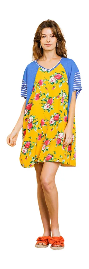 Striped & Floral Pocket Dress, Yellow