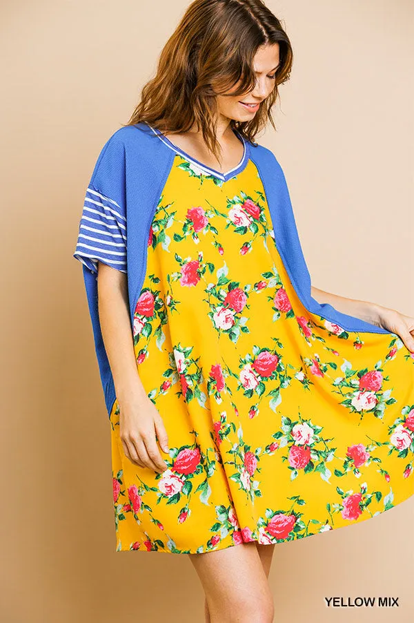 Striped & Floral Pocket Dress, Yellow