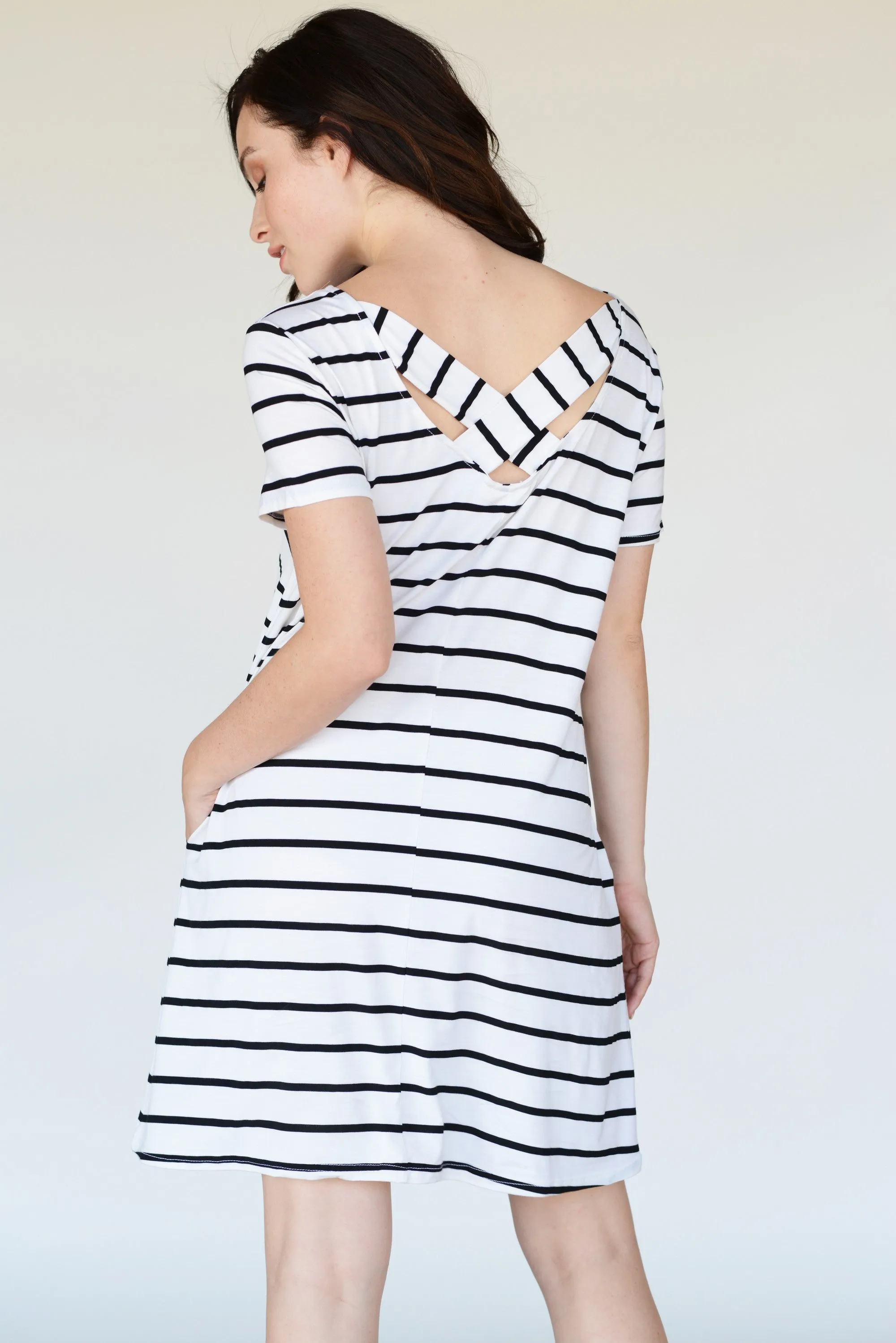 Striped Criss Cross Back Tunic Dress with Pockets