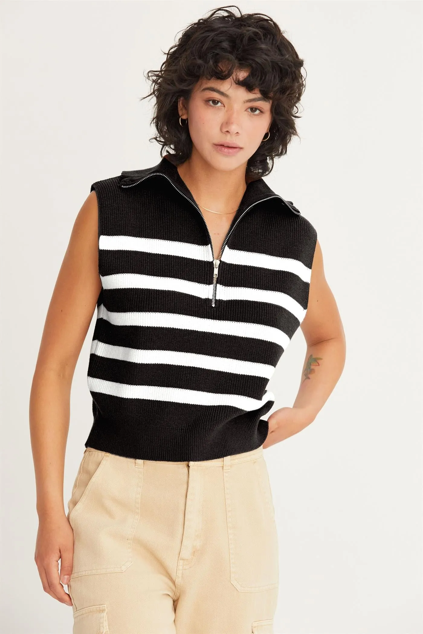 Striped Half Zip Sleeveless Sweater