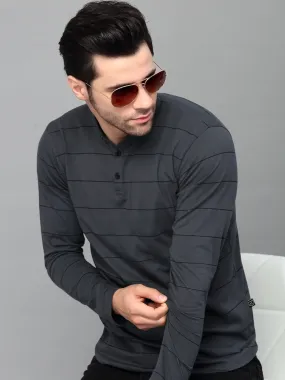 Striped Henley Neck Full Sleeve T-Shirt