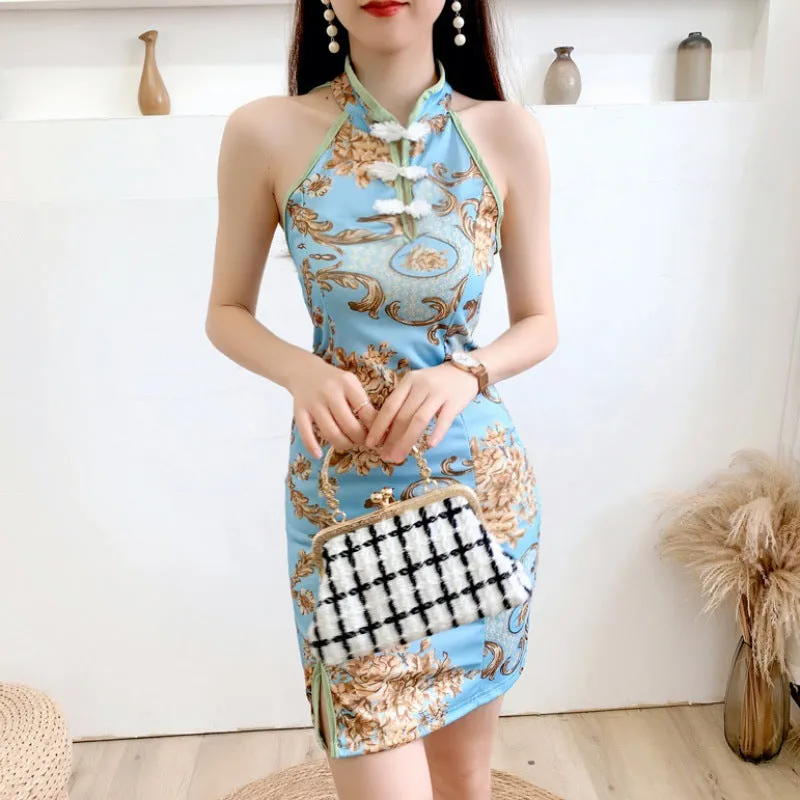 Summer Women's Anchor New Sexy Chanel's Style Vintage Printed Modified Little Woman Flower Dress Cheongsam