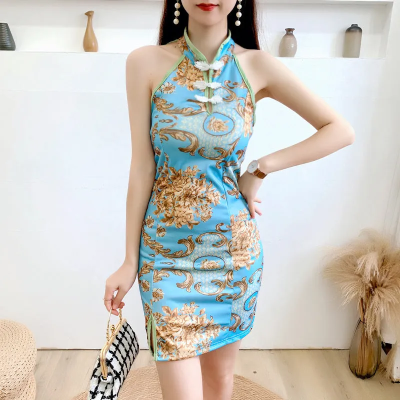 Summer Women's Anchor New Sexy Chanel's Style Vintage Printed Modified Little Woman Flower Dress Cheongsam