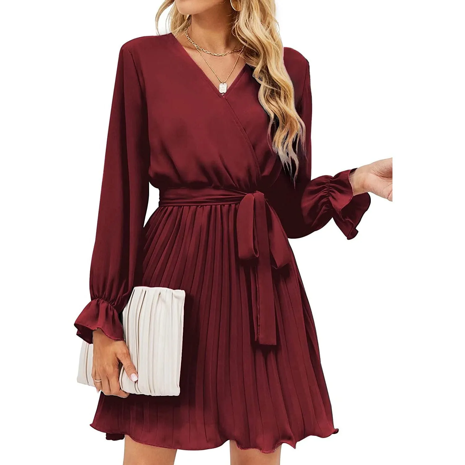 TastyHottie - Womens Wrap V Neck Pleated Long Sleeve Mini Dresses