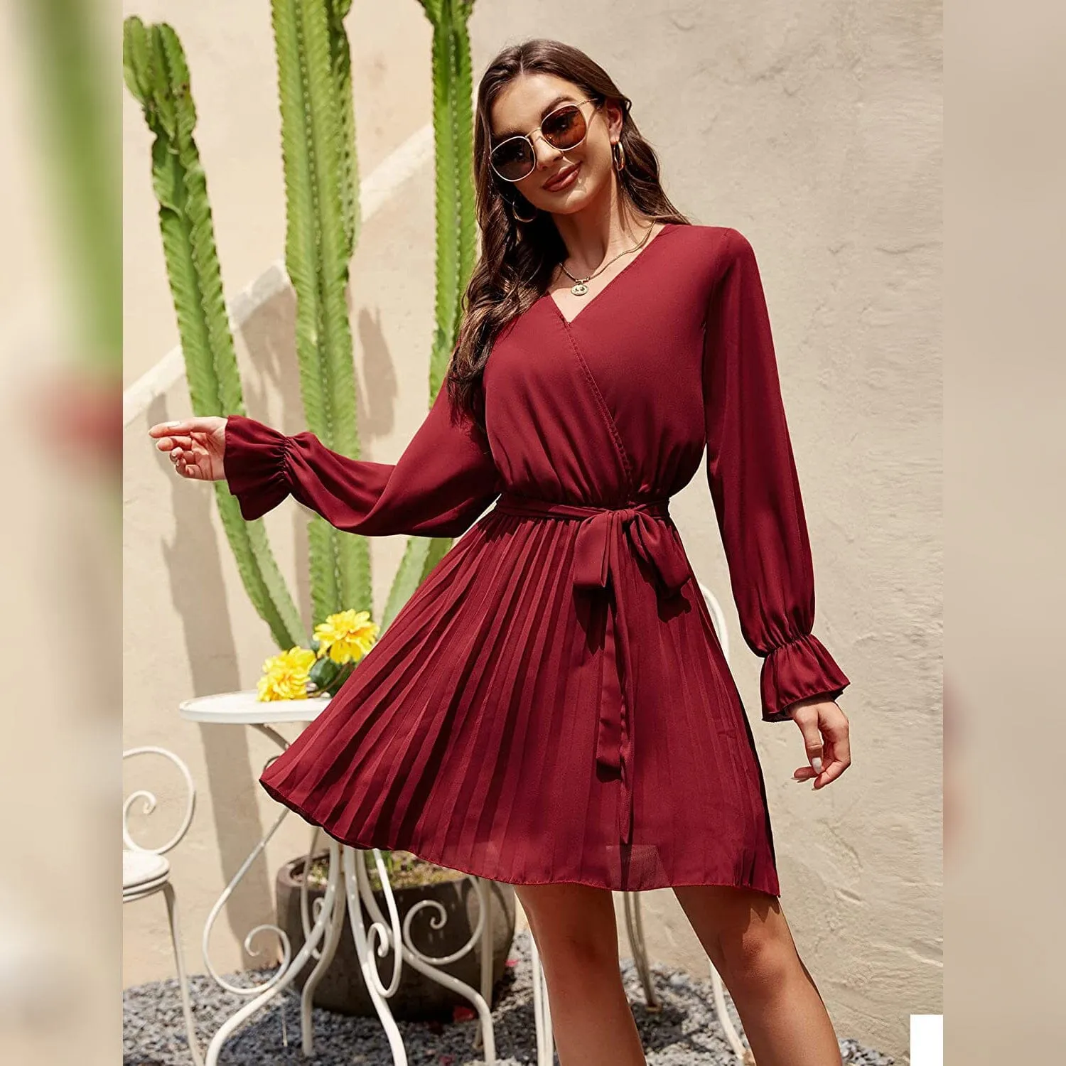 TastyHottie - Womens Wrap V Neck Pleated Long Sleeve Mini Dresses