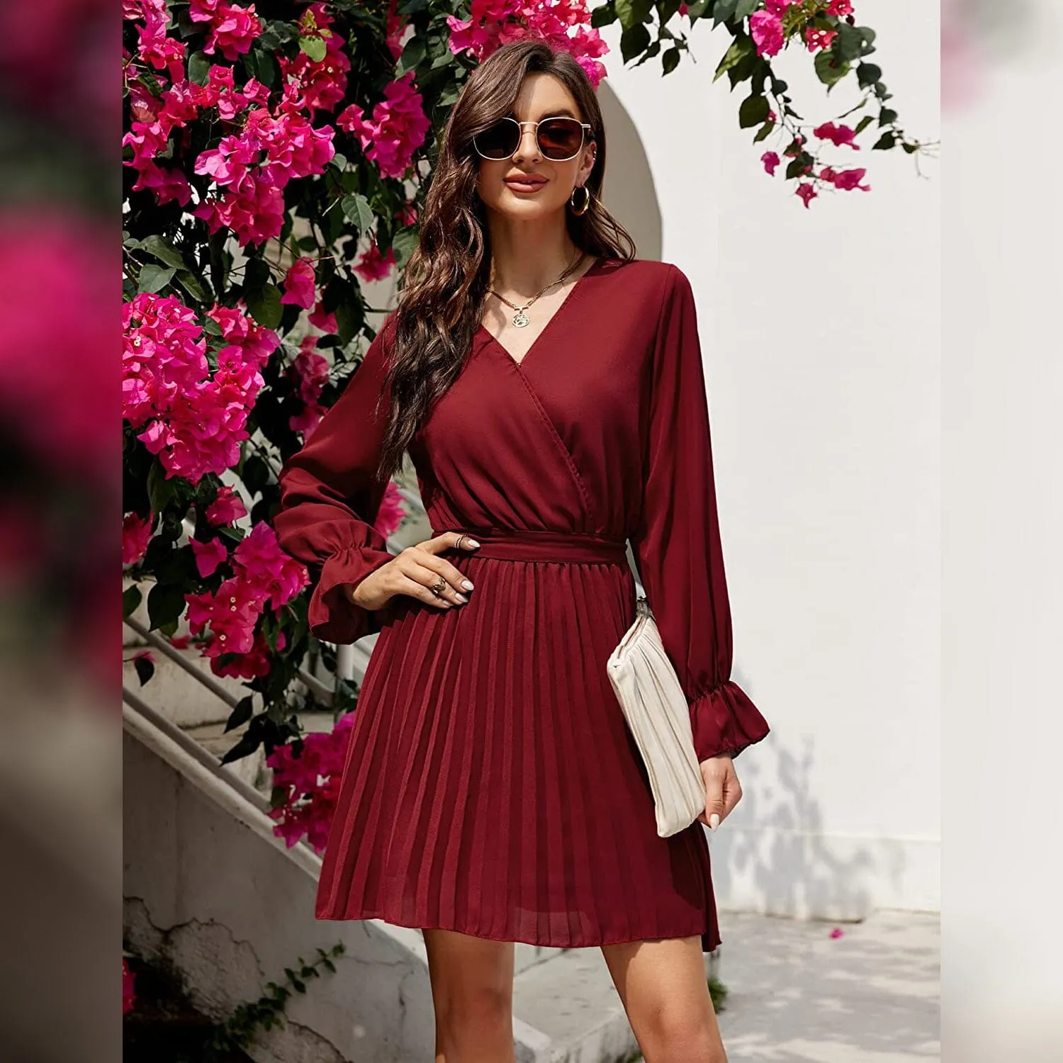 TastyHottie - Womens Wrap V Neck Pleated Long Sleeve Mini Dresses