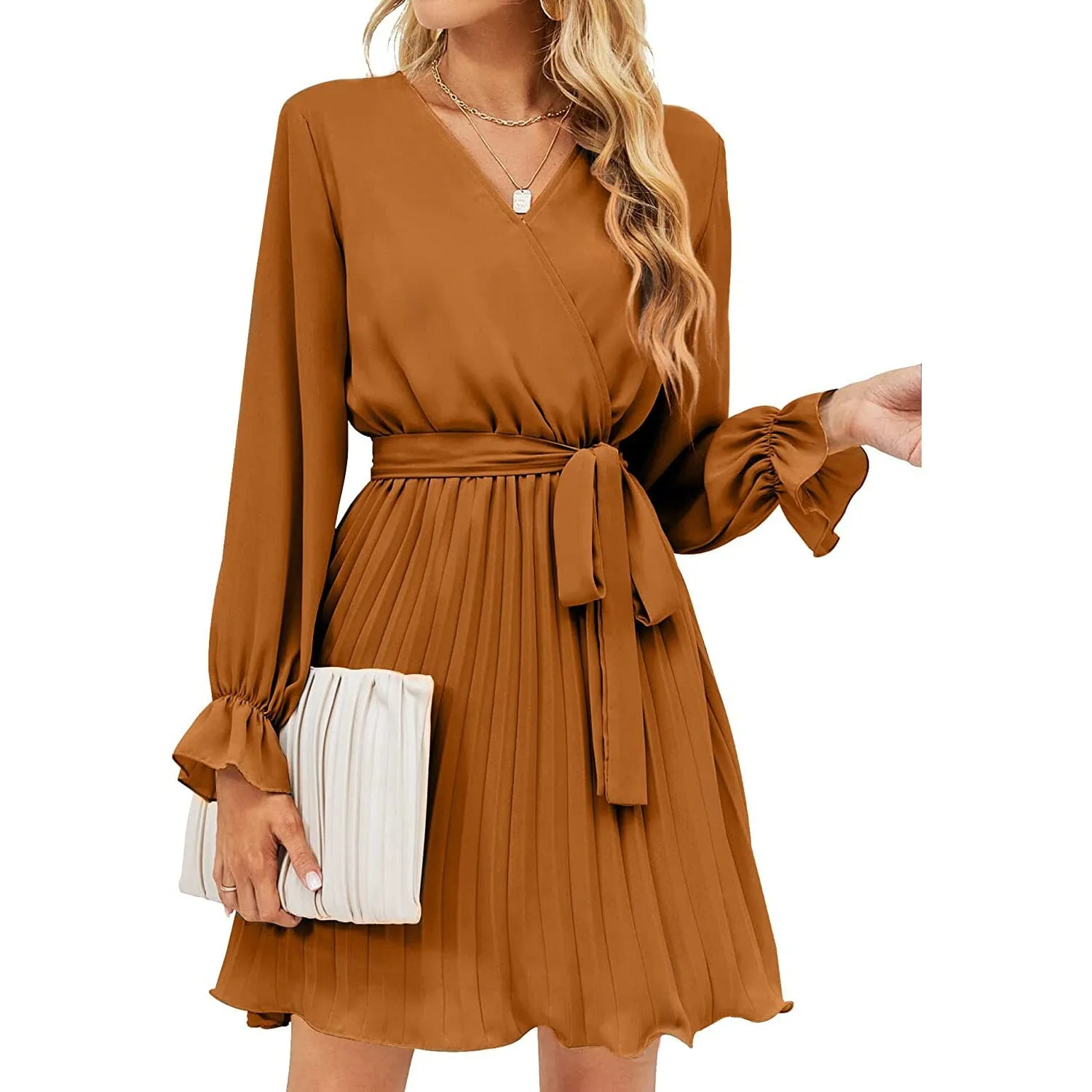 TastyHottie - Womens Wrap V Neck Pleated Long Sleeve Mini Dresses