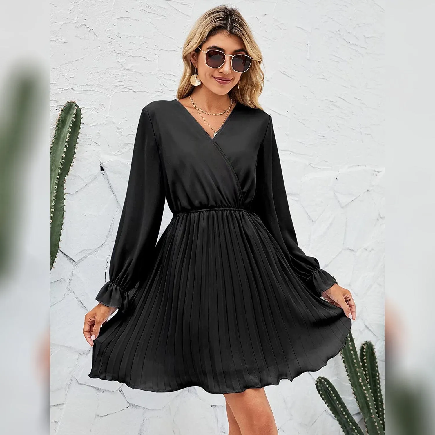 TastyHottie - Womens Wrap V Neck Pleated Long Sleeve Mini Dresses