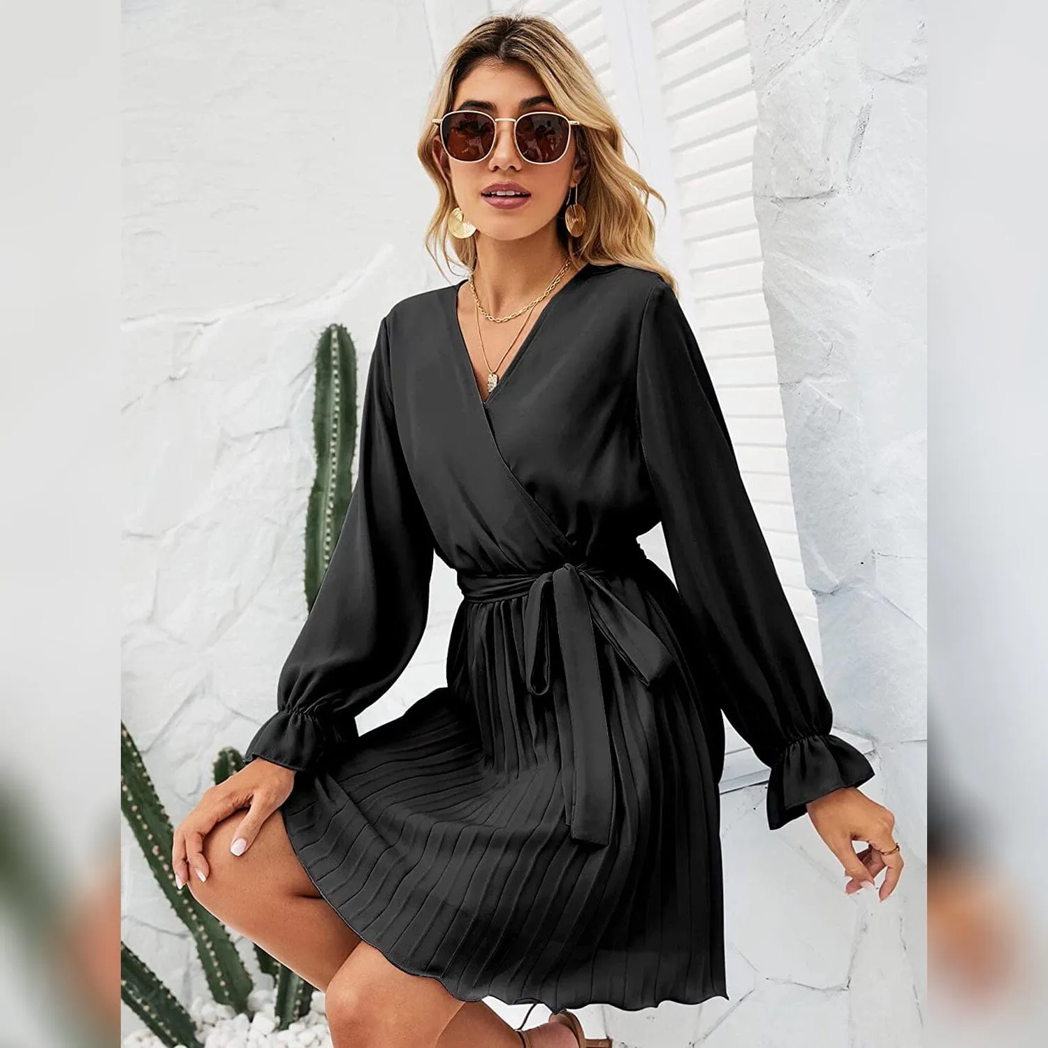 TastyHottie - Womens Wrap V Neck Pleated Long Sleeve Mini Dresses