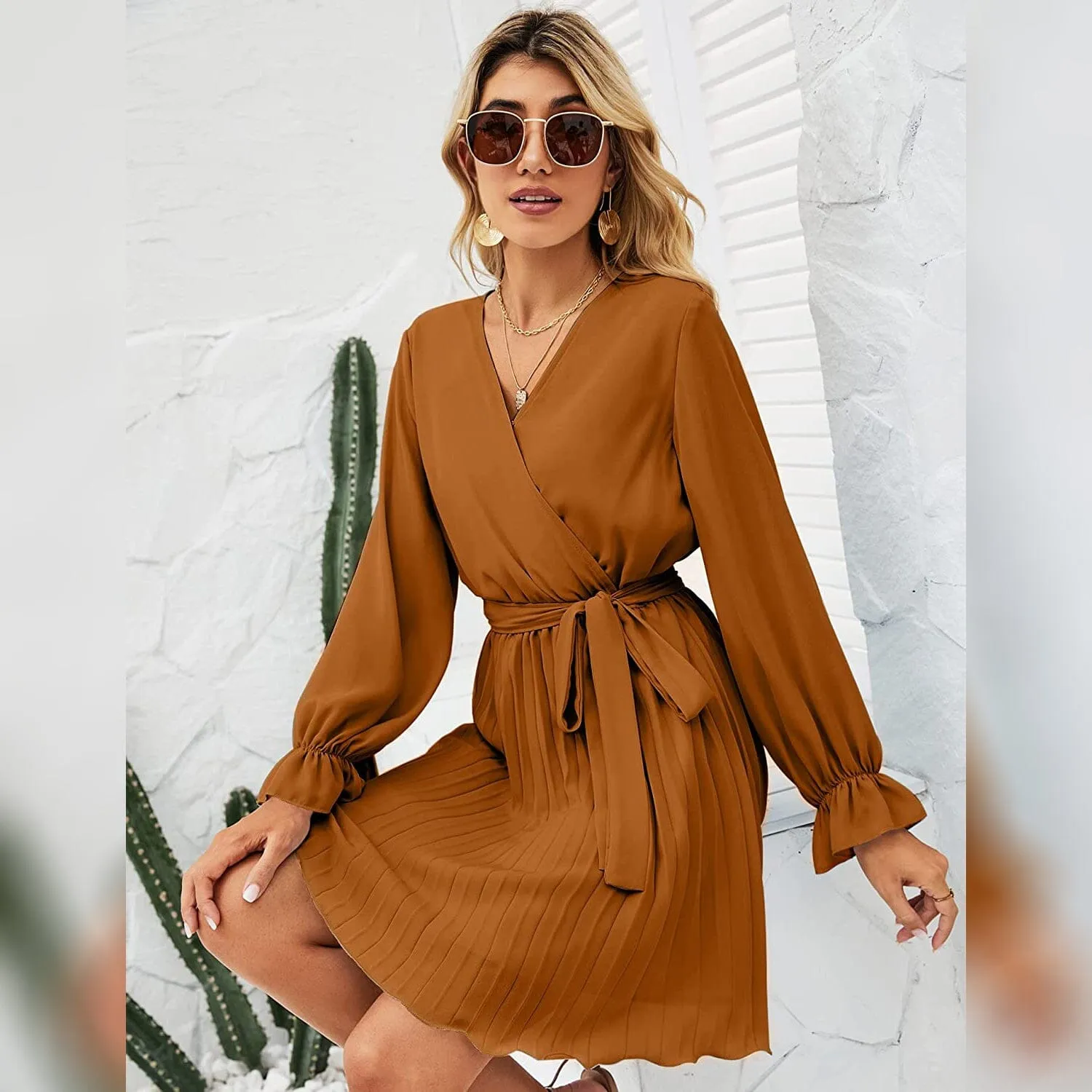 TastyHottie - Womens Wrap V Neck Pleated Long Sleeve Mini Dresses